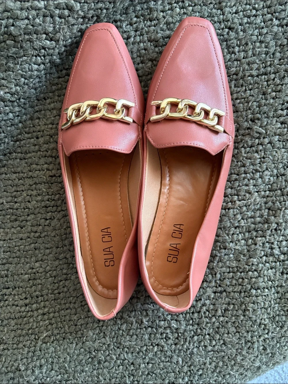 Pink Leather Chain-Trim Loafers